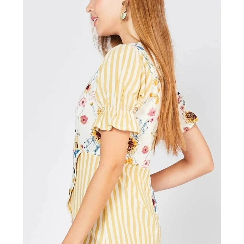 Entro Colorblock Floral Stripe‎ Mini Dress Button Front V Neck Short Sleeve Sz M